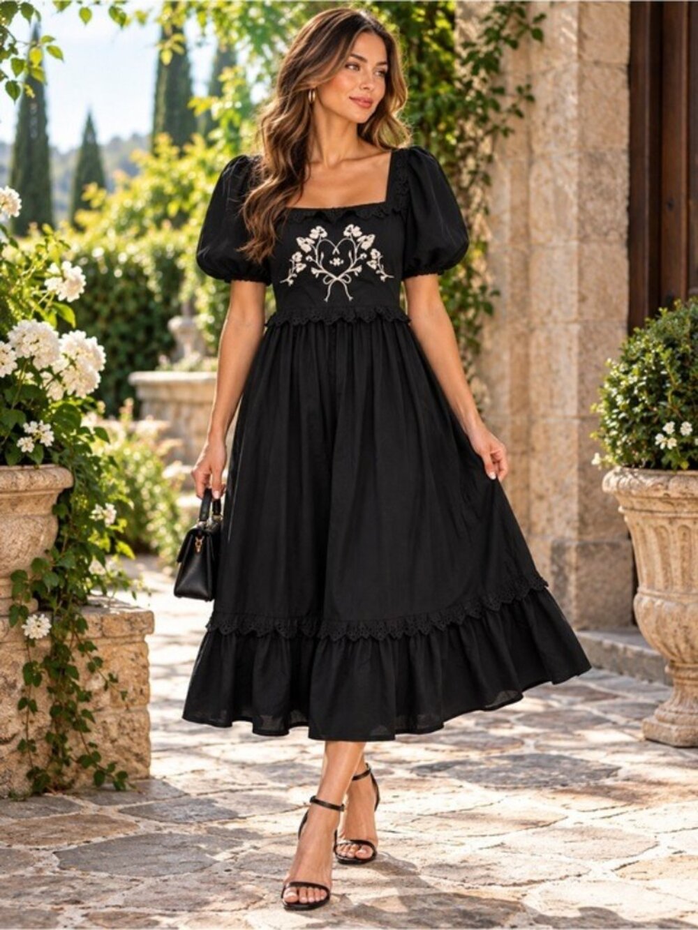 Another Girl Black Floral Embroidered Puff Sleeve Midi Dress XS Cottagecore